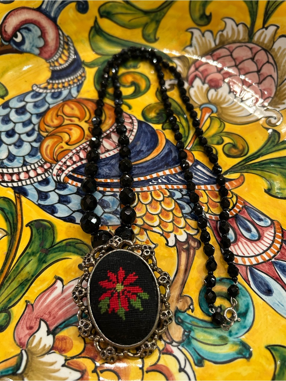 Vintage Needlepoint red Pointsettia “Jet” black faceted beads Necklace Brooch